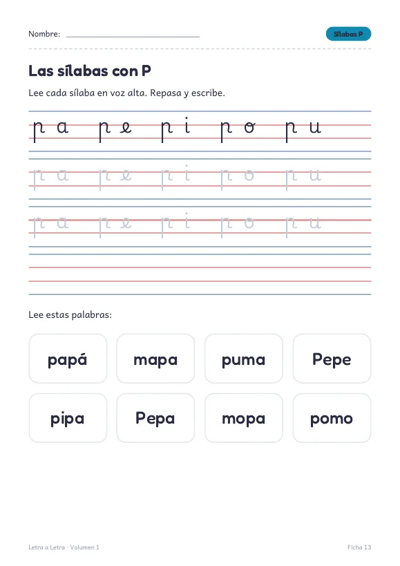 Ficha de sílabas con P